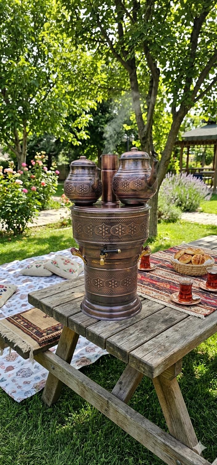 Eskitme Bakır Semaver 10 Litre – Çift Demlikli, Odunlu – fotoğraf 2