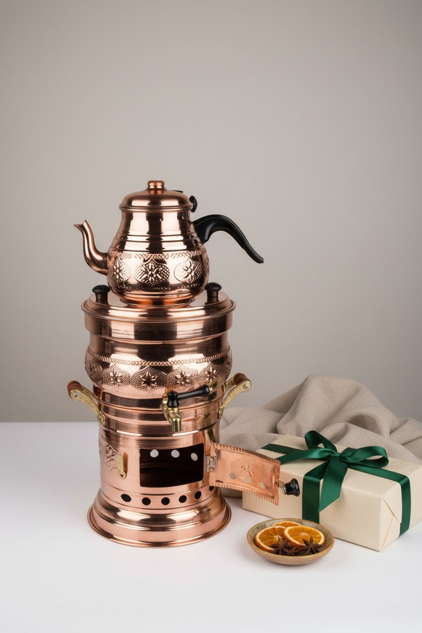 Demlikli Bakır Semaver 5 Litre – Odunlu – fotoğraf 3