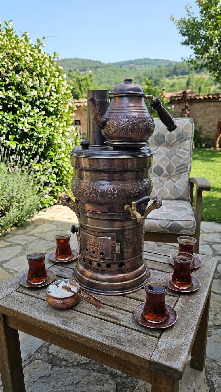 Oksitli Odunlu Bakır Semaver 7 Litre – Mangalı Ayrılabilir